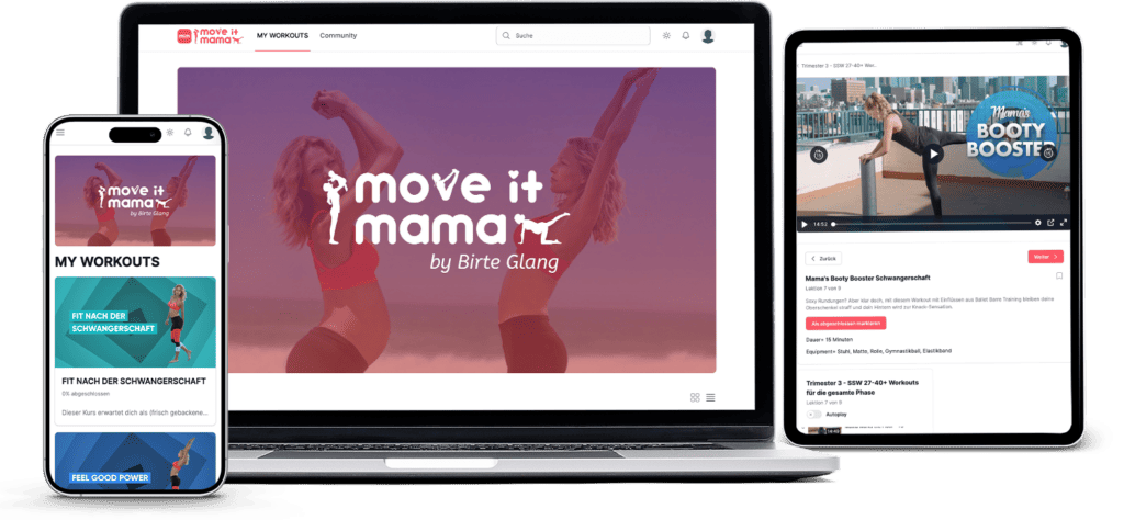 Auf dem Bild ist die Mama Trainingsapp zu sehen. Das Mama Fitness Programm wird auf Bildschirmen dargestellt. Birte macht hier Sport nach der Geburt.